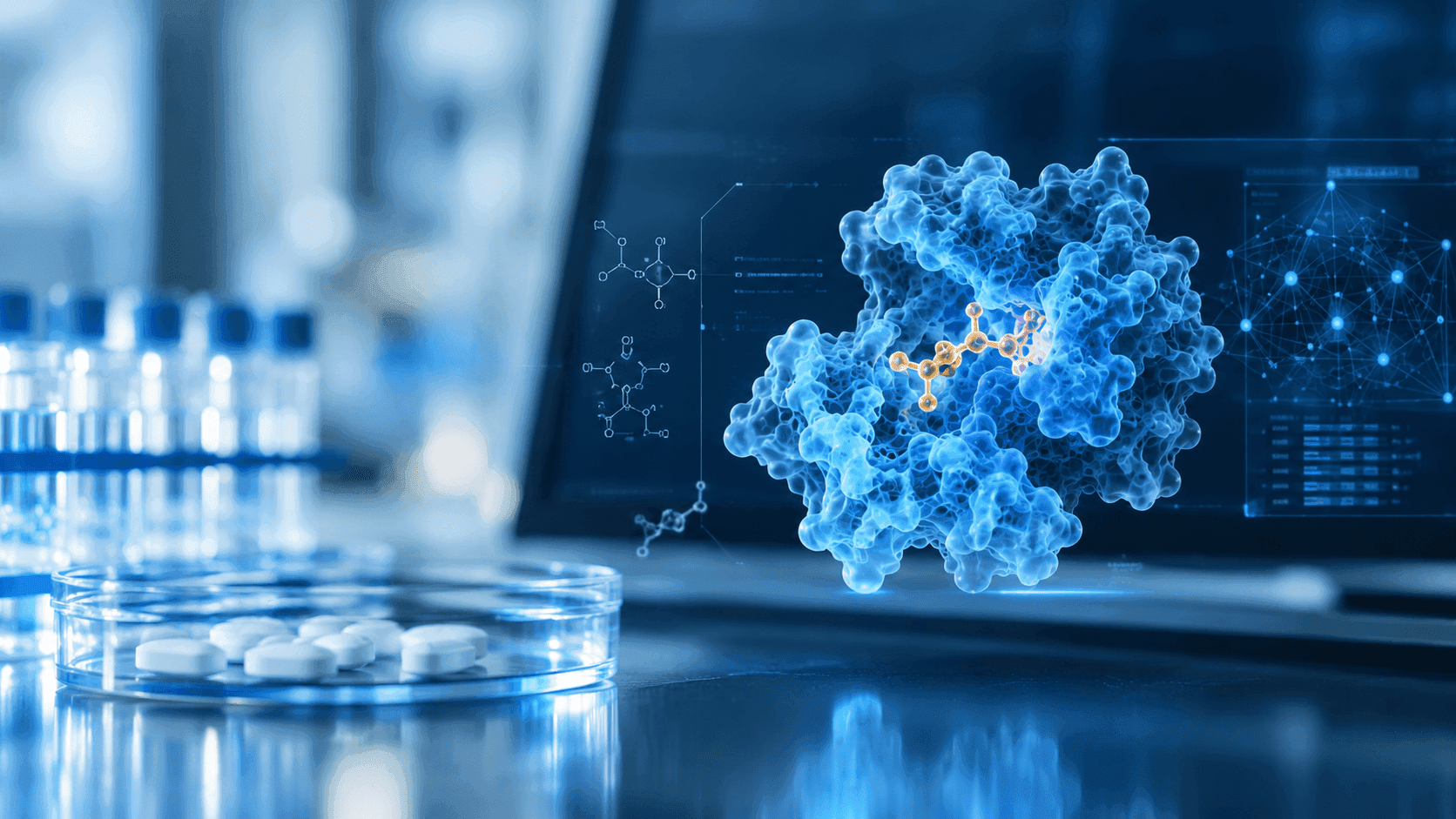 Laboratory illustration showing sample tubes and a blue molecular structure.