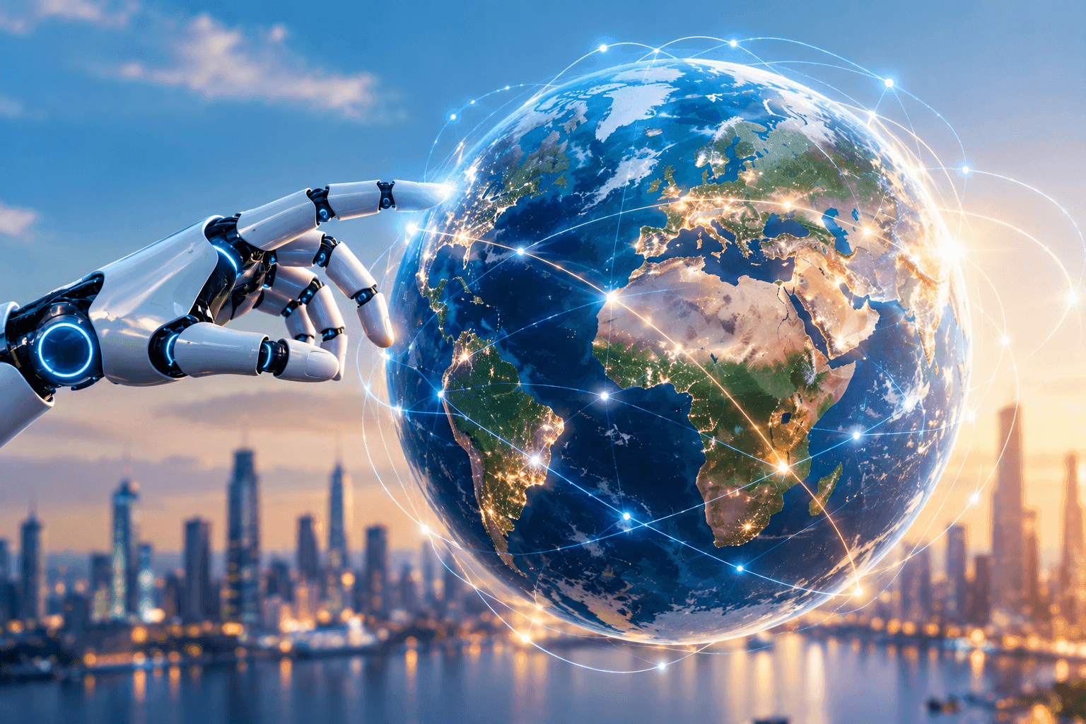 Illustration of a robotic hand reaching toward a glowing Earth above a city skyline.