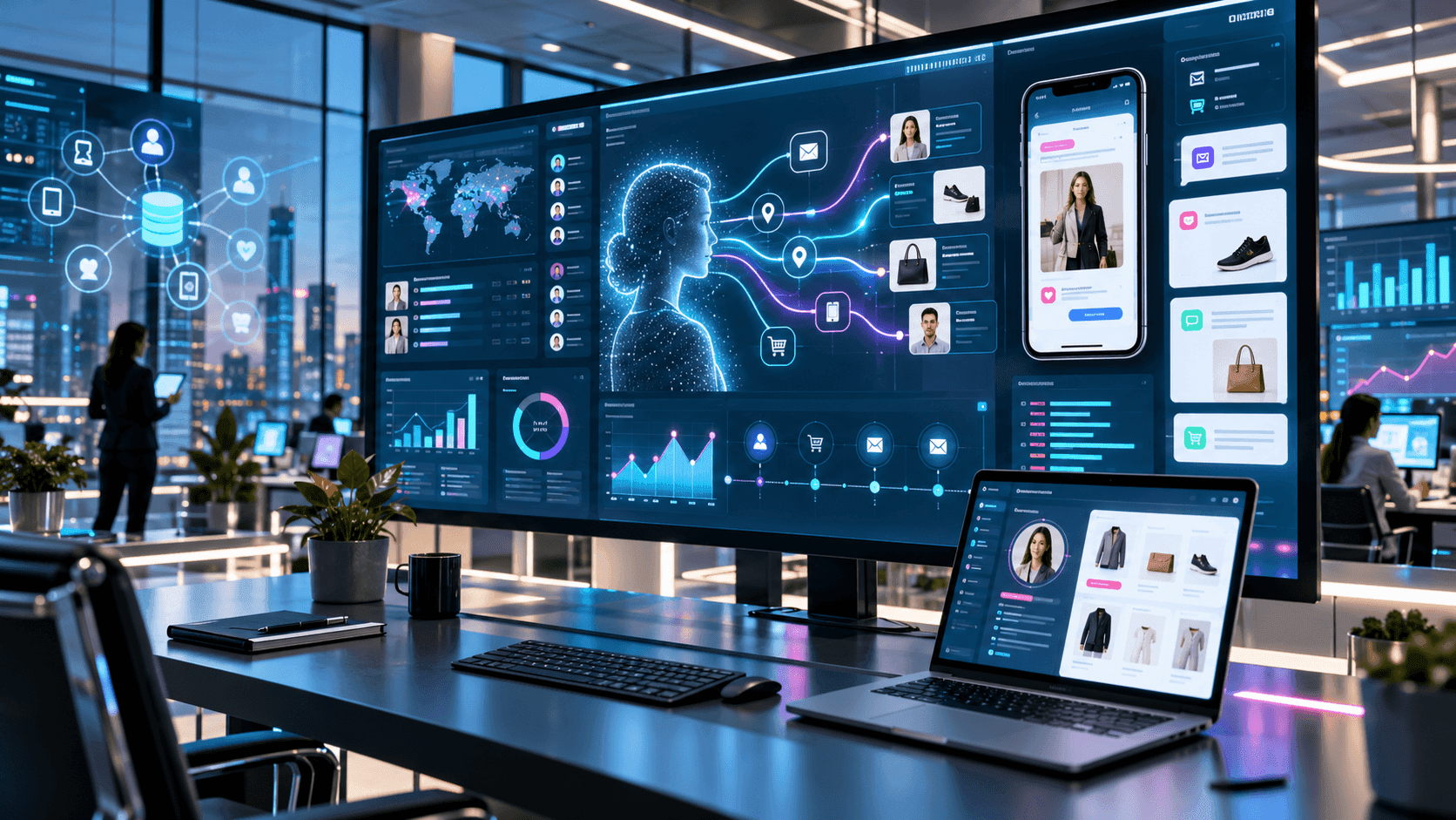 Illustration of connected business applications displayed on large digital screens.