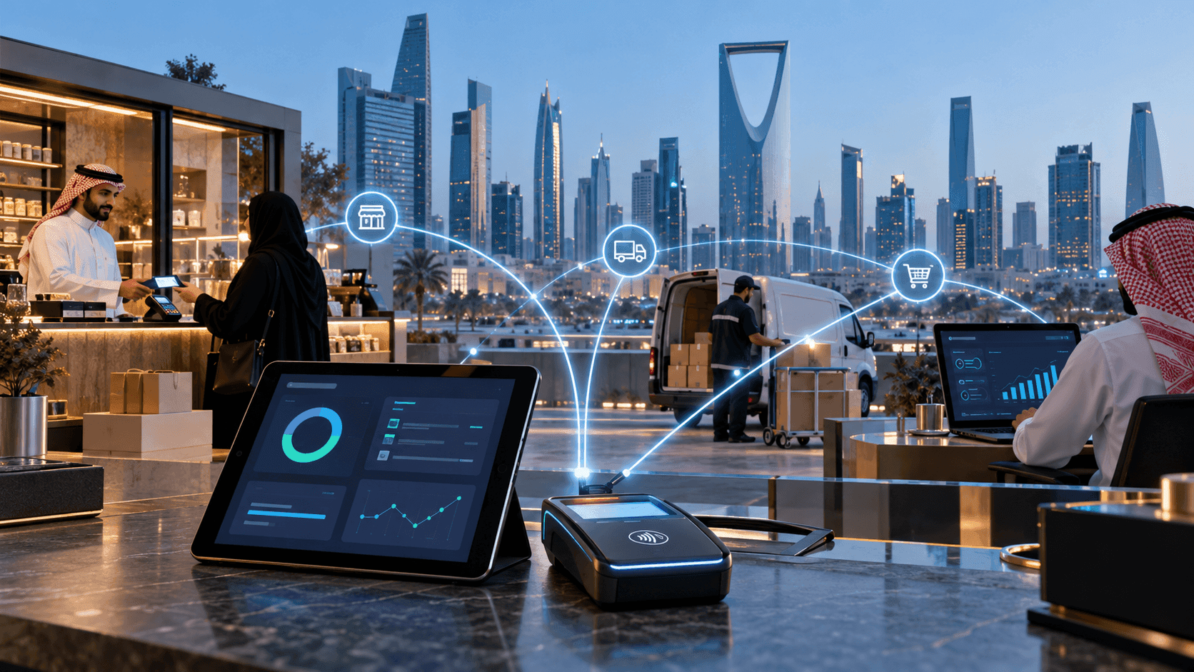 Illustration of digital payment terminals and connected shops overlooking a city skyline.